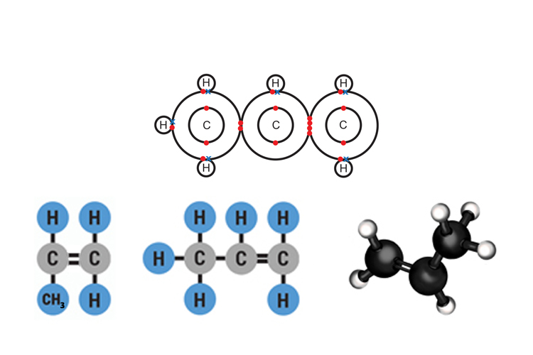 Propenes molecular structure has 3 carbon atoms and 6 hydrogens